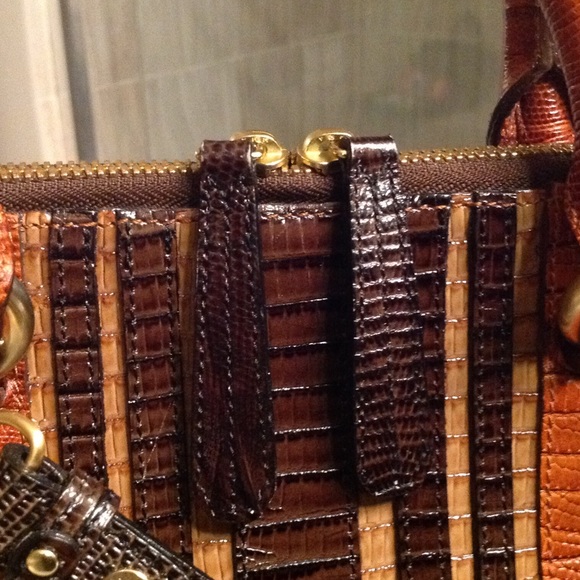 Brahmin striped tan and brown satchel handbag